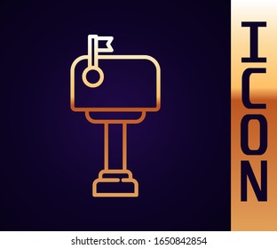 Gold line Mail box icon isolated on black background. Mailbox icon. Mail postbox on pole with flag.  Vector Illustration