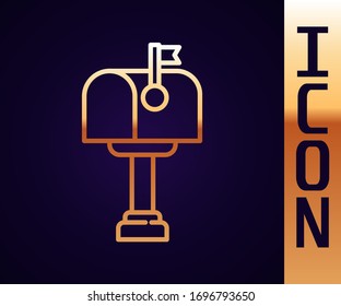 Icono del cuadro Línea dorada Correo aislado en fondo negro. Icono de buzón. Postal de correo en el poste con la bandera. Ilustración vectorial