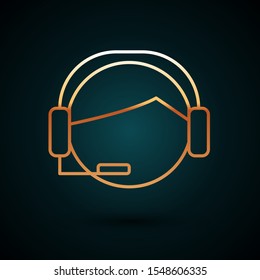Gold line Man with a headset icon isolated on dark blue background. Support operator in touch. Concept for call center, client support service.  Vector Illustration