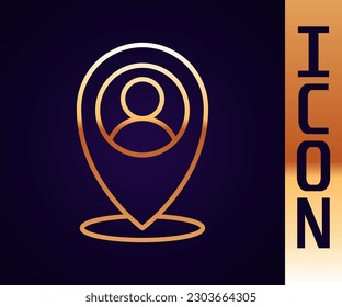 Goldlinienkarte mit Silhouette eines Personensymbols einzeln auf schwarzem Hintergrund. GPS-Ortssymbol.  Vektorgrafik