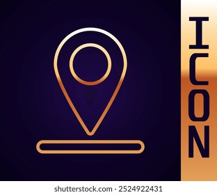 Gold line Map pin icon isolated on black background. Navigation, pointer, location, map, gps, direction, place, compass, search concept.  Vector Illustration