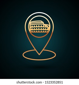 Gold line Map pointer with Coliseum in Rome, Italy icon isolated on dark blue background. Colosseum sign. Symbol of Ancient Rome, gladiator fights.  Vector Illustration