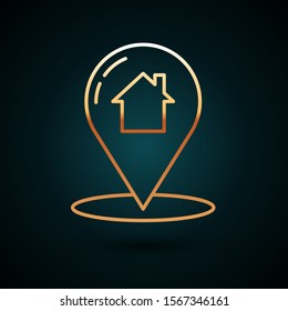 Gold line Map pointer with house icon isolated on dark blue background. Home location marker symbol.  Vector Illustration