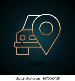 Gold line Map pointer with taxi icon isolated on dark blue background. Location symbol.  Vector Illustration