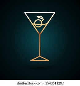 Gold line Martini glass icon isolated on dark blue background. Cocktail icon. Wine glass icon.  Vector Illustration