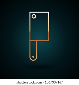 Gold line Meat chopper icon isolated on dark blue background. Kitchen knife for meat. Butcher knife.  Vector Illustration