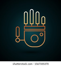 Gold line Mechanical robot hand icon isolated on dark blue background. Robotic arm symbol. Technological concept.  Vector Illustration