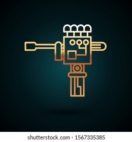 Gold line Mechanical robot hand and screwdriver tool icon isolated on dark blue background. Robotic arm symbol. Technological concept.  Vector Illustration