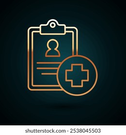 Gold line Medical clipboard with clinical record icon isolated on dark blue background. Prescription, medical check marks report.  Vector