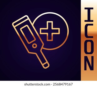 Gold line Medical digital thermometer for medical examination icon isolated on black background.  Vector