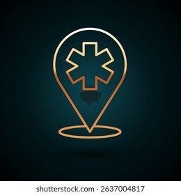 Gold line Medical map pointer with cross hospital icon isolated on dark blue background.  Vector