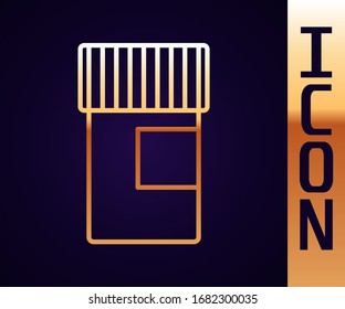 Gold line Medicine bottle icon isolated on black background. Bottle pill sign. Pharmacy design.  Vector Illustration