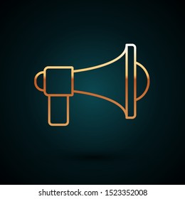 Gold line Megaphone icon isolated on dark blue background. Loud speach alert concept. Bullhorn for Mouthpiece scream promotion.  Vector Illustration