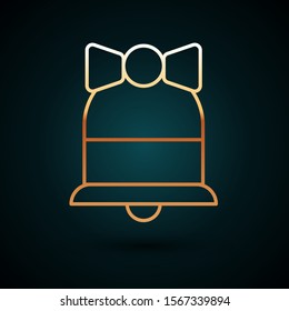 Gold line Merry Christmas ringing bell icon isolated on dark blue background. Alarm symbol, service bell, handbell sign, notification symbol.  Vector Illustration