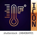 Gold line Meteorology thermometer measuring heat and cold icon isolated on black background. Temperature Fahrenheit.  Vector