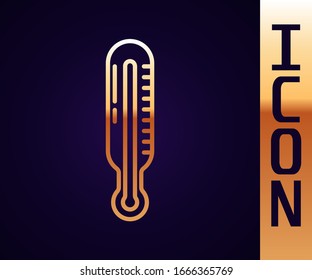 Gold line Meteorology thermometer measuring icon isolated on black background. Thermometer equipment showing hot or cold weather.  Vector Illustration