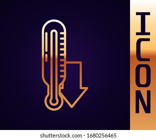 Gold line Meteorology thermometer measuring icon isolated on black background. Thermometer equipment showing hot or cold weather.  Vector Illustration