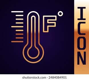 Gold line Meteorology thermometer measuring heat and cold icon isolated on black background. Temperature Fahrenheit.  Vector