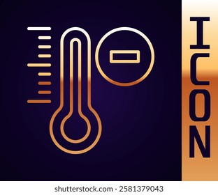 Gold line Meteorology thermometer measuring icon isolated on black background. Thermometer equipment showing hot or cold weather.  Vector