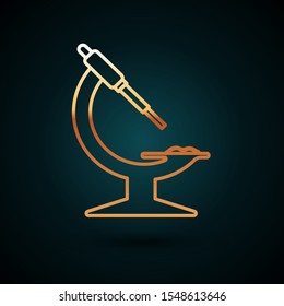 Gold line Microscope icon isolated on dark blue background. Chemistry, pharmaceutical instrument, microbiology magnifying tool.  Vector Illustration