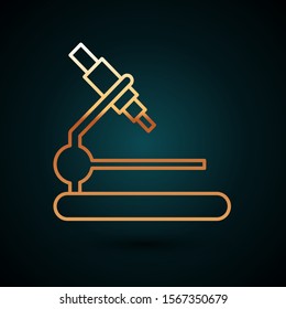 Gold line Microscope icon isolated on dark blue background. Chemistry, pharmaceutical instrument, microbiology magnifying tool.  Vector Illustration