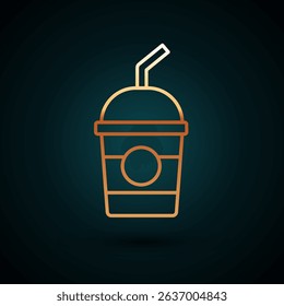 Gold line Milkshake icon isolated on dark blue background. Plastic cup with lid and straw.  Vector