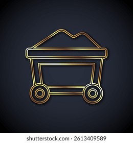 Gold line Mine cart with gold icon isolated on black background.  Vector