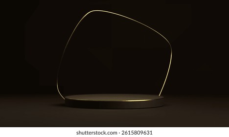 Gold line minimalist podium with elegant curved frame on dark background. Black platform base with luminous metallic trim. Premium display stand for luxury product placement or cosmetic presentation.