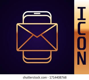 Gold line Mobile and envelope, new message, mail icon isolated on black background. Usage for e-mail newsletters, headers, blog posts.  Vector Illustration