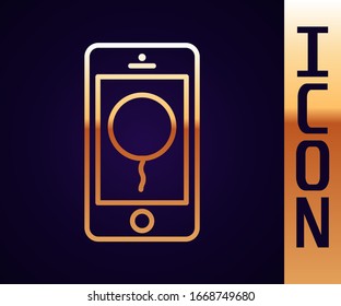 Gold line Mobile phone with birthday message icon isolated on black background.  Vector Illustration