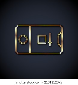 Gold Line Mobile Phone With Record Frame Camera Icon Isolated On Black Background. Mobile App Application. Photo And Video Shooting.  Vector