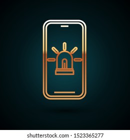 Gold line Mobile phone with smart house and alarm icon isolated on dark blue background. Security system of smart home.  Vector Illustration