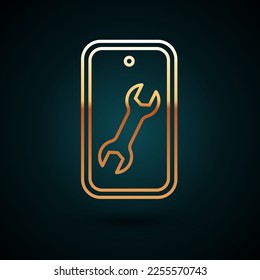 Gold line Mobile phone with wrench icon isolated on dark blue background. Adjusting, service, setting, maintenance, repair.  Vector