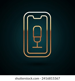 Gold line Mobile recording icon isolated on dark blue background. Mobile phone with microphone. Voice recorder app smartphone interface.  Vector