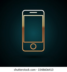 Gold line Mobile smart phone with app delivery tracking icon isolated on dark blue background. Parcel tracking.  Vector Illustration