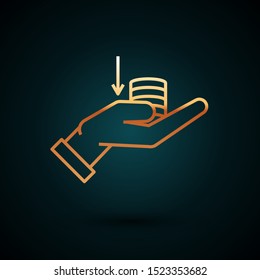 Gold line Money on hand icon isolated on dark blue background. Palm holds cash with down. Cash salary decrease.  Vector Illustration