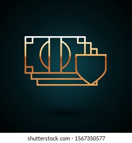 Gold line Money with shield icon isolated on dark blue background. Insurance concept. Security, safety, protection, protect concept.  Vector Illustration