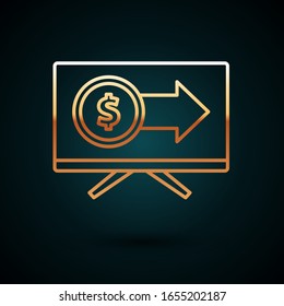 Gold line Monitor with dollar symbol icon isolated on dark blue background. Online shopping concept. Earnings in the Internet, marketing.  Vector Illustration