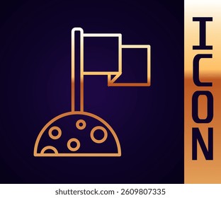 Gold line Moon with flag icon isolated on black background.  Vector