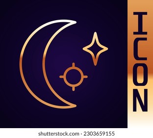 Gold line Moon and stars icon isolated on black background. Cloudy night sign. Sleep dreams symbol. Full moon. Night or bed time sign.  Vector