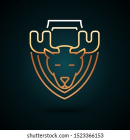 Gold line Moose head on shield icon isolated on dark blue background. Hunting trophy on wall.  Vector Illustration