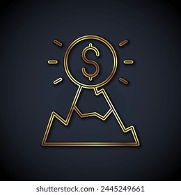 Gold line Mountains with flag on top icon isolated on black background. Symbol of victory or success concept. Goal achievement.  Vector
