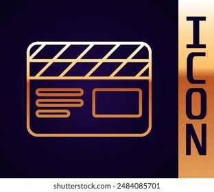 Gold line Movie clapper icon isolated on black background. Film clapper board. Clapperboard sign. Cinema production or media industry.  Vector Illustration