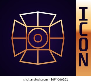 Gold line Movie spotlight icon isolated on black background. Light Effect. Scene, Studio, Show.  Vector Illustration