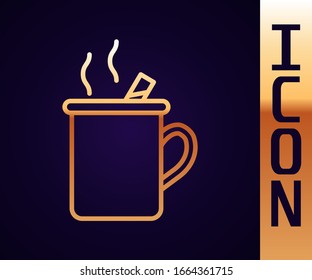Gold line Mulled wine with glass of drink and ingredients icon isolated on black background. Cinnamon stick, clove, lemon slice.  Vector Illustration