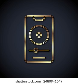 Gold line Music player icon isolated on black background. Portable music device.  Vector
