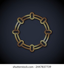 Gold line Musical instrument percussion tambourine, with metal plates icon isolated on black background.  Vector