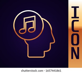 Goldene Linie Musikalische Note im menschlichen Kopf Symbol einzeln auf schwarzem Hintergrund. Vektorillustration-Illustration