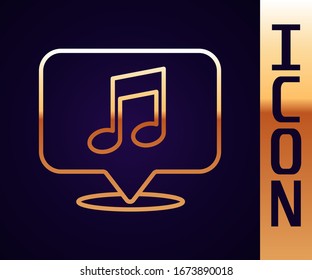 Gold line Musical note in speech bubble icon isolated on black background. Music and sound concept.  Vector Illustration