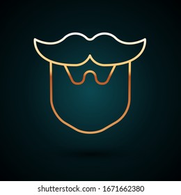 Gold line Mustache and beard icon isolated on dark blue background. Barbershop symbol. Facial hair style.  Vector Illustration